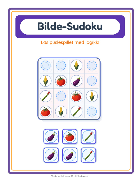 Forhåndsvisning av Bildesudoku-arbeidsark med Grønnsaker for Barnehage (5-7 år)