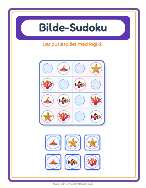 Forhåndsvisning av Bildesudoku-arbeidsark med Havliv for Barnehage (5-7 år)