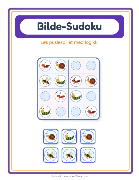 Forhåndsvisning av Bildesudoku-arbeidsark med Insekter og kryp for Barnehage (5-7 år)
