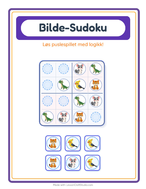 Forhåndsvisning av Bildesudoku-arbeidsark med Kjæledyr for Barnehage (5-7 år)