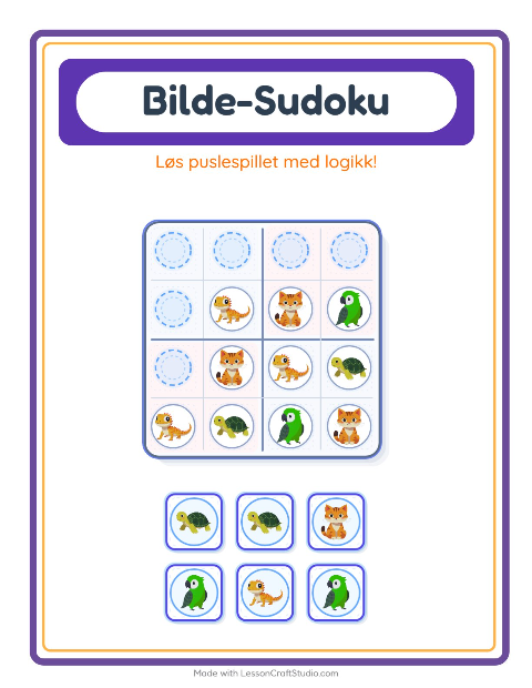 Forhåndsvisning av Bildesudoku-arbeidsark med Kjæledyr for Barnehage (5-7 år)