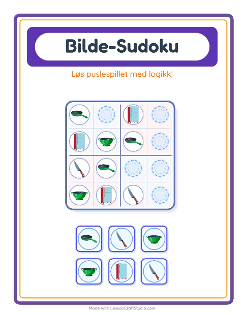 Forhåndsvisning av Bildesudoku-arbeidsark med Kjøkkenredskaper for Barnehage (5-7 år)