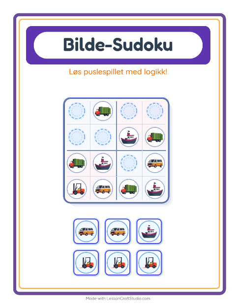 Forhåndsvisning av Bildesudoku-arbeidsark med Kjøretøy for Barnehage (5-7 år)