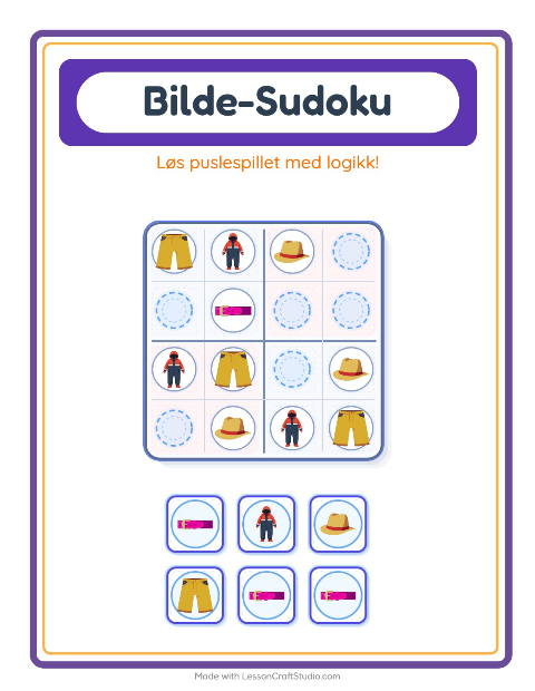 Forhåndsvisning av Bildesudoku-arbeidsark med Klær for Barnehage (5-7 år)