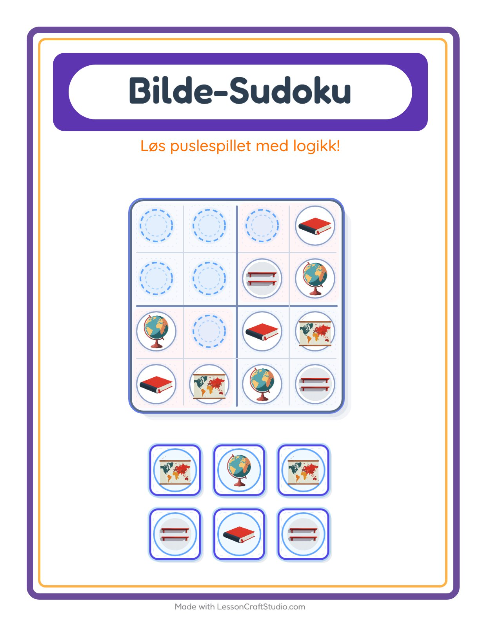 Forhåndsvisning av Bildesudoku-arbeidsark med Klasserom for Barnehage (5-7 år)