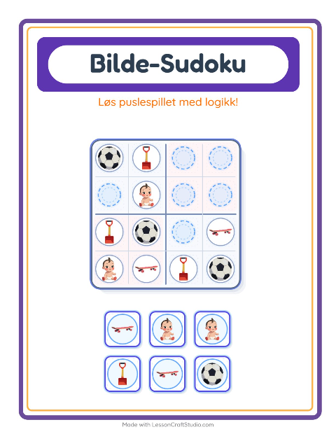Forhåndsvisning av Bildesudoku-arbeidsark med Leker for Barnehage (5-7 år)
