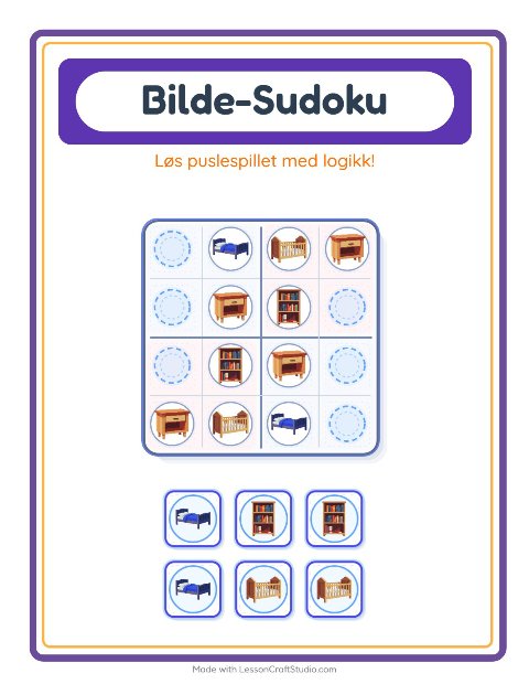 Forhåndsvisning av Bildesudoku-arbeidsark med Møbler for Barnehage (5-7 år)