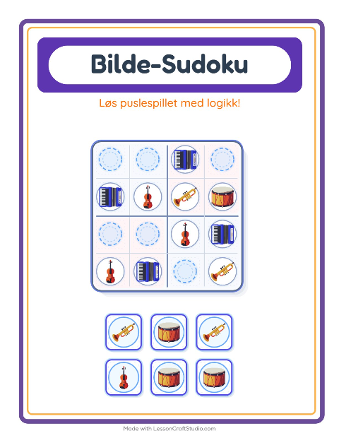 Forhåndsvisning av Bildesudoku-arbeidsark med Musikk for Barnehage (5-7 år)
