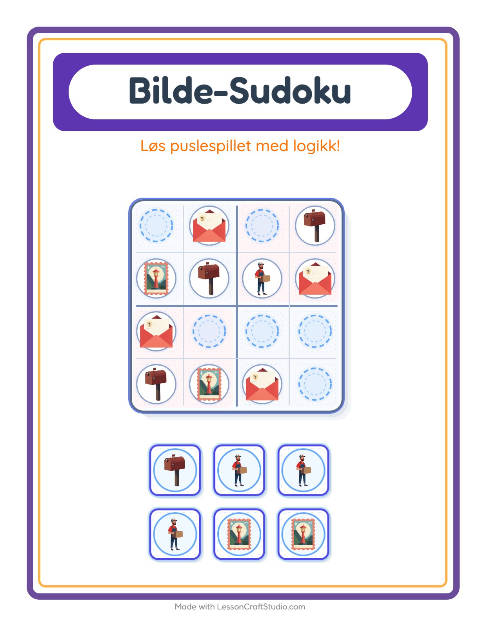 Forhåndsvisning av Bildesudoku-arbeidsark med Postkontor for Barnehage (5-7 år)