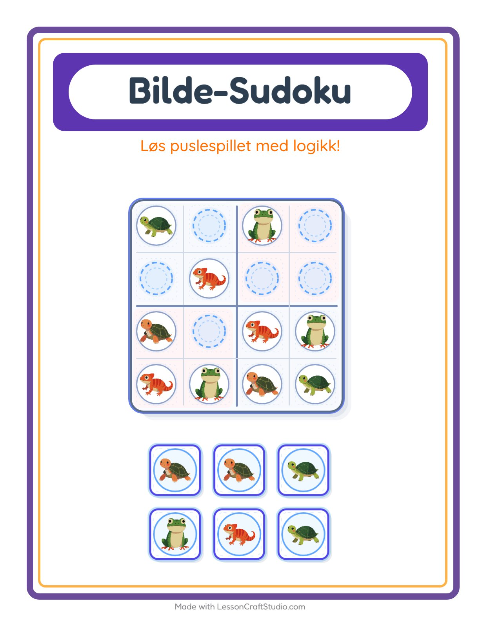 Forhåndsvisning av Bildesudoku-arbeidsark med Reptiler og amfibier for Barnehage (5-7 år)