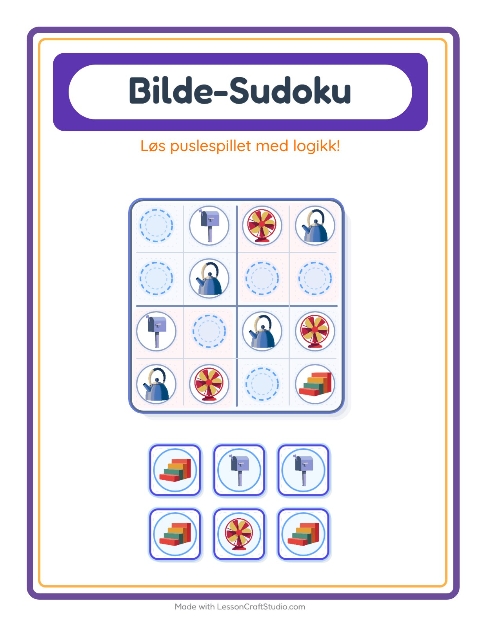 Forhåndsvisning av Bildesudoku-arbeidsark med Rundt i huset for Barnehage (5-7 år)