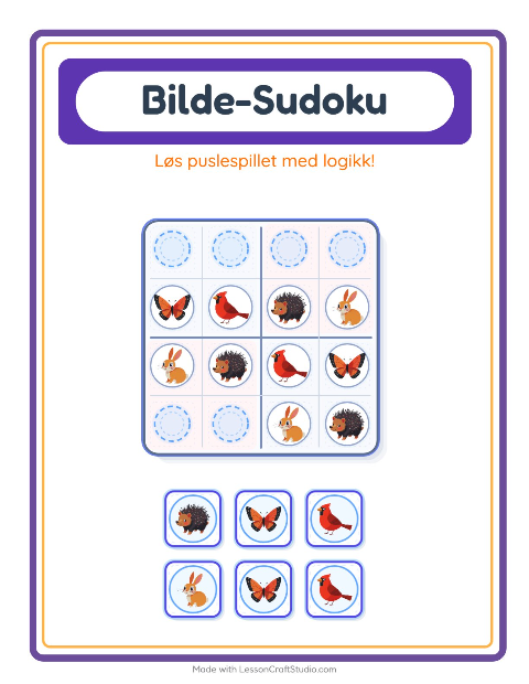 Forhåndsvisning av Bildesudoku-arbeidsark med Skogsdyr for Barnehage (5-7 år)