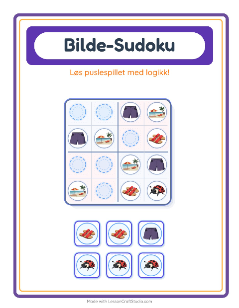 Forhåndsvisning av Bildesudoku-arbeidsark med Sommer for Barnehage (5-7 år)
