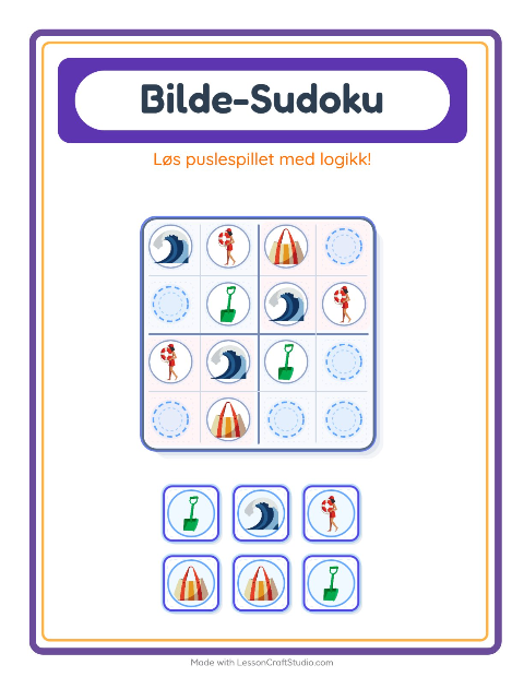 Forhåndsvisning av Bildesudoku-arbeidsark med Strand for Barnehage (5-7 år)