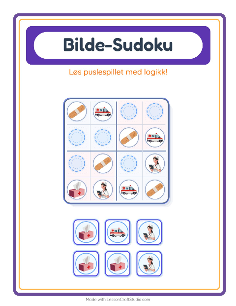 Forhåndsvisning av Bildesudoku-arbeidsark med Sykehus for Barnehage (5-7 år)