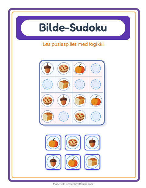 Forhåndsvisning av Bildesudoku-arbeidsark med Thanksgiving for Barnehage (5-7 år)