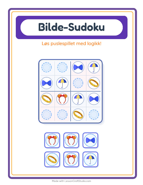Forhåndsvisning av Bildesudoku-arbeidsark med Tilbehør for Barnehage (5-7 år)