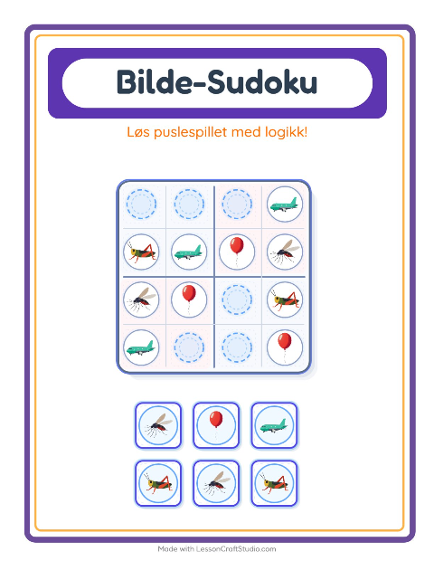 Forhåndsvisning av Bildesudoku-arbeidsark med Ting som flyr for Barnehage (5-7 år)