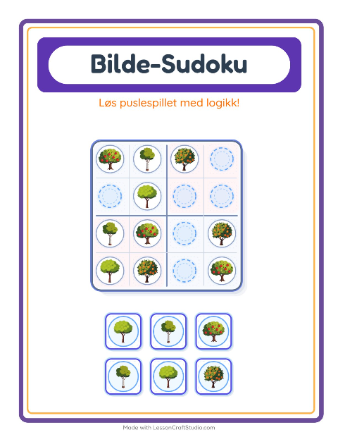 Forhåndsvisning av Bildesudoku-arbeidsark med Trær for Barnehage (5-7 år)