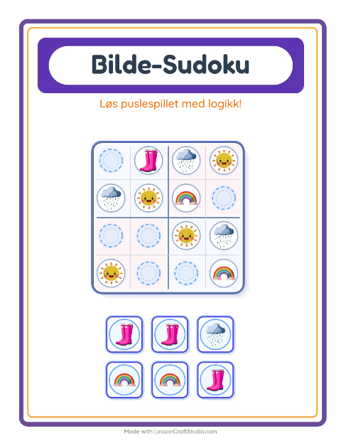 Forhåndsvisning av Bildesudoku-arbeidsark med Vær for Barnehage (5-7 år)