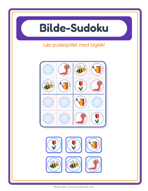 Forhåndsvisning av Bildesudoku-arbeidsark med Vår for Barnehage (5-7 år)