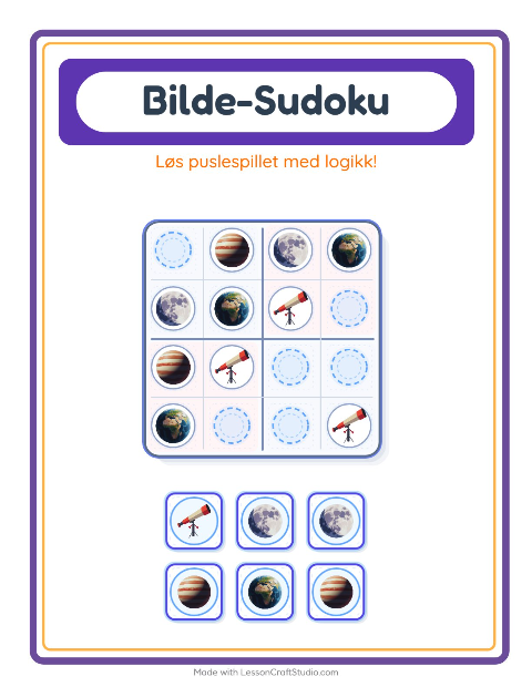 Forhåndsvisning av Bildesudoku-arbeidsark med Verdensrommet for Barnehage (5-7 år)