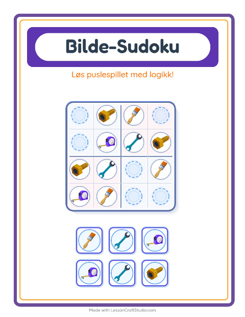 Forhåndsvisning av Bildesudoku-arbeidsark med Verktøy for Barnehage (5-7 år)