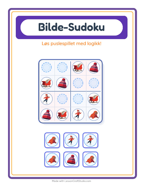 Forhåndsvisning av Bildesudoku-arbeidsark med Vinter for Barnehage (5-7 år)