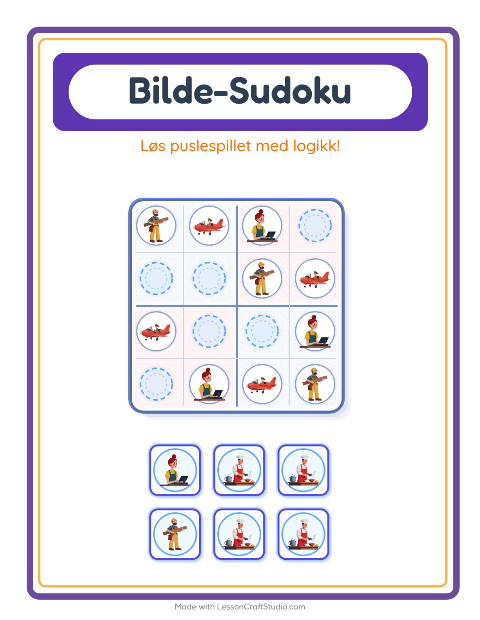 Forhåndsvisning av Bildesudoku-arbeidsark med Yrker for Barnehage (5-7 år)