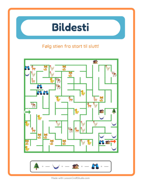 Forhåndsvisning av Bildevei-arbeidsark med Camping for Barnehage (5-7 år)