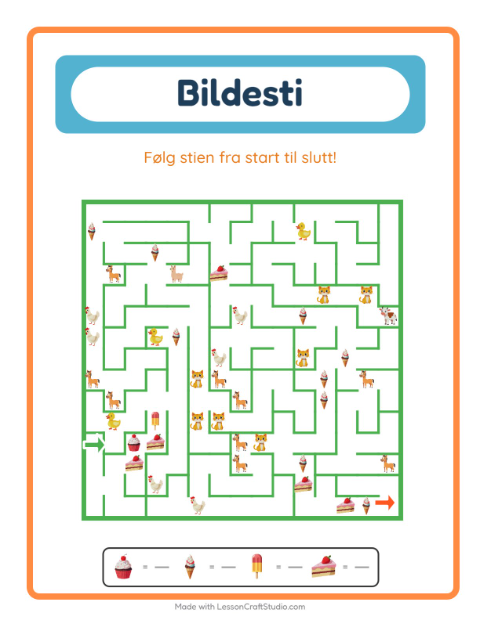 Forhåndsvisning av Bildevei-arbeidsark med Desserter og godteri for Barnehage (5-7 år)
