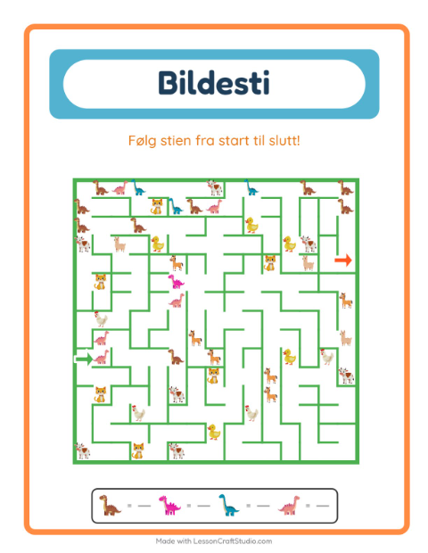 Forhåndsvisning av Bildevei-arbeidsark med Dinosaurer for Barnehage (5-7 år)