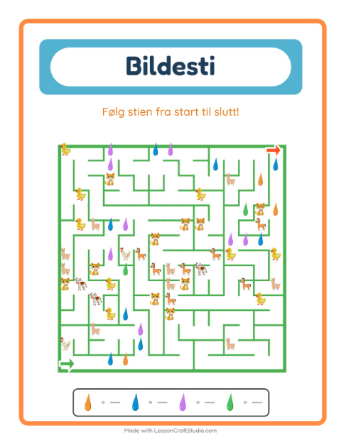 Forhåndsvisning av Bildevei-arbeidsark med Farger for Barnehage (5-7 år)