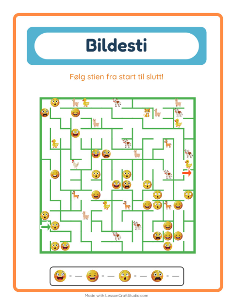 Forhåndsvisning av Bildevei-arbeidsark med Følelser for Barnehage (5-7 år)
