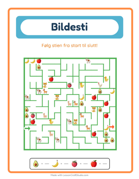 Forhåndsvisning av Bildevei-arbeidsark med Frukter for Barnehage (5-7 år)