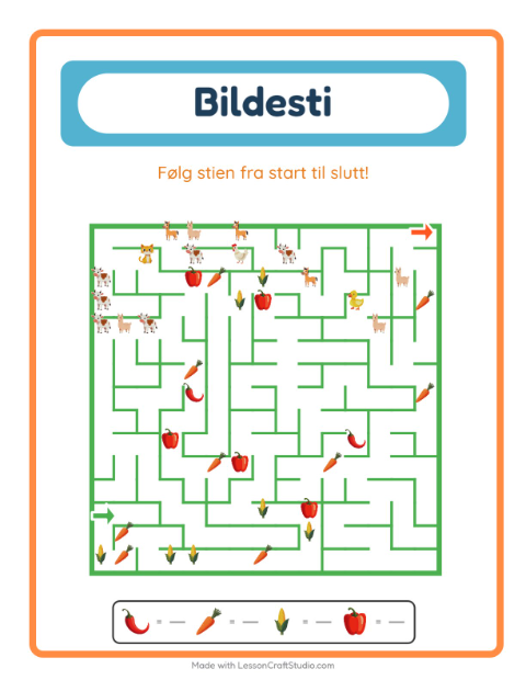 Forhåndsvisning av Bildevei-arbeidsark med Grønnsaker for Barnehage (5-7 år)