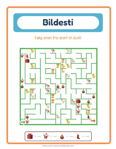 Forhåndsvisning av Bildevei-arbeidsark med Jul for Barnehage (5-7 år)