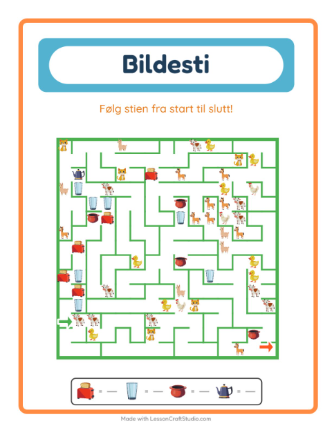 Forhåndsvisning av Bildevei-arbeidsark med Kjøkkenredskaper for Barnehage (5-7 år)