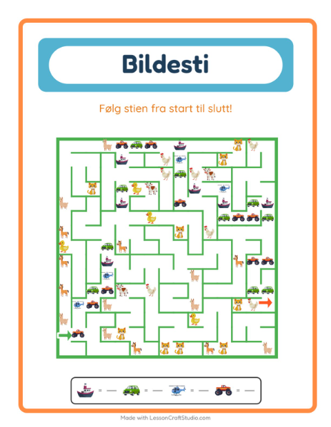 Forhåndsvisning av Bildevei-arbeidsark med Kjøretøy for Barnehage (5-7 år)