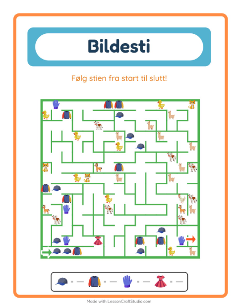 Forhåndsvisning av Bildevei-arbeidsark med Klær for Barnehage (5-7 år)