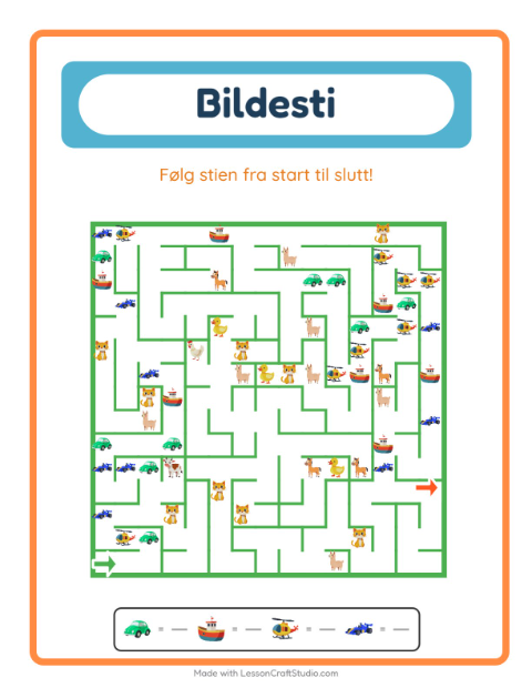 Forhåndsvisning av Bildevei-arbeidsark med Leker for Barnehage (5-7 år)