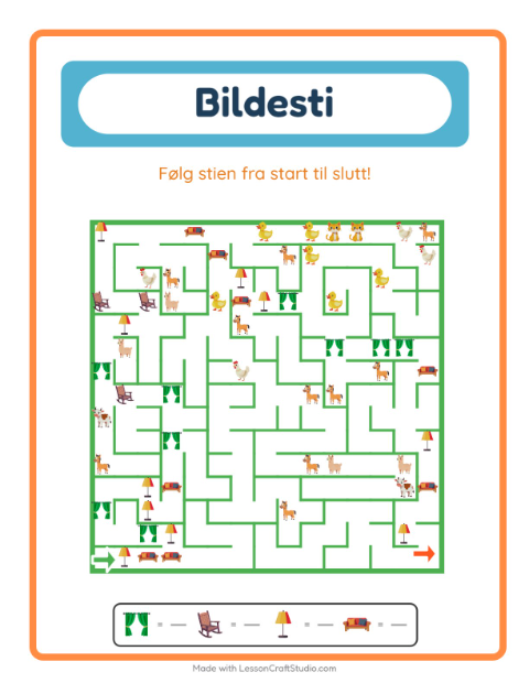 Forhåndsvisning av Bildevei-arbeidsark med Møbler for Barnehage (5-7 år)