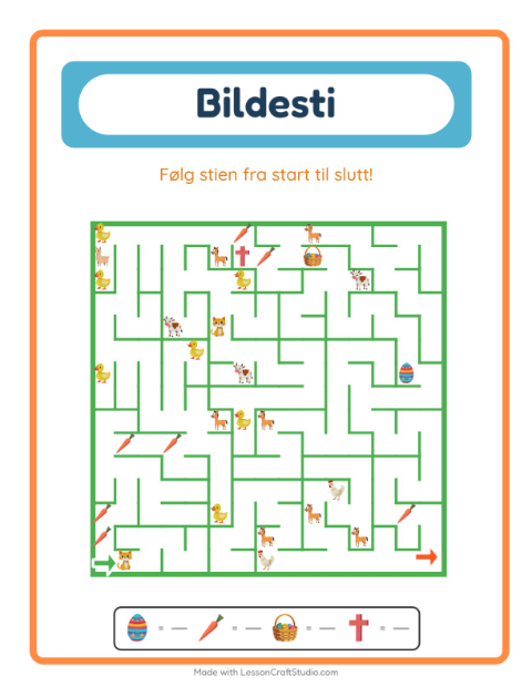 Forhåndsvisning av Bildevei-arbeidsark med Påske for Barnehage (5-7 år)