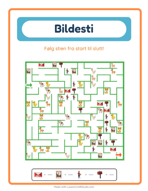 Forhåndsvisning av Bildevei-arbeidsark med Postkontor for Barnehage (5-7 år)