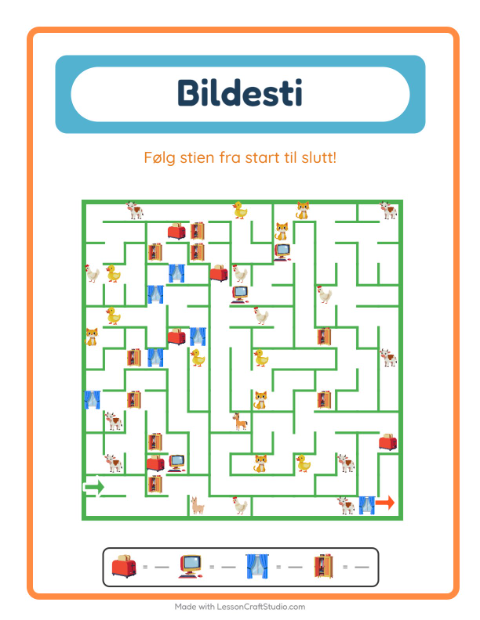 Forhåndsvisning av Bildevei-arbeidsark med Rundt i huset for Barnehage (5-7 år)