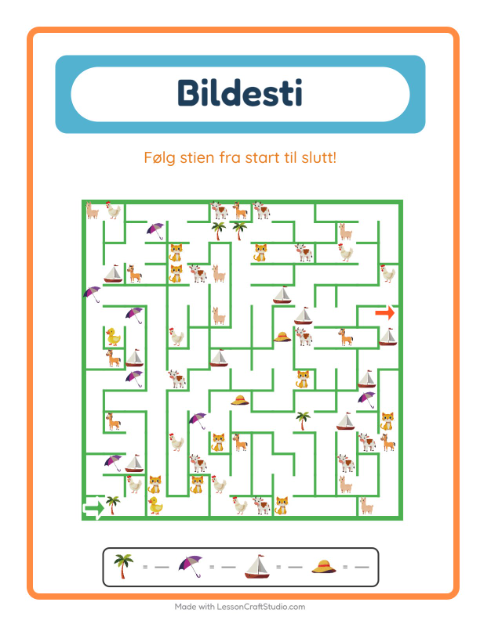 Forhåndsvisning av Bildevei-arbeidsark med Strand for Barnehage (5-7 år)