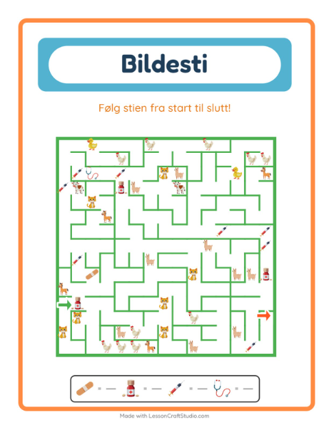 Forhåndsvisning av Bildevei-arbeidsark med Sykehus for Barnehage (5-7 år)