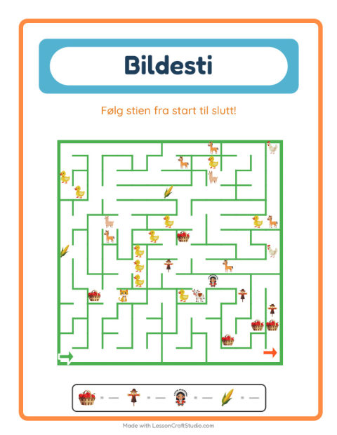 Forhåndsvisning av Bildevei-arbeidsark med Thanksgiving for Barnehage (5-7 år)