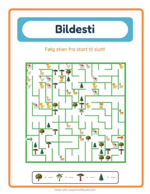 Forhåndsvisning av Bildevei-arbeidsark med Trær for Barnehage (5-7 år)