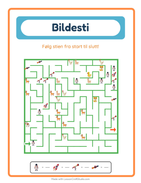 Forhåndsvisning av Bildevei-arbeidsark med Verdensrommet for Barnehage (5-7 år)